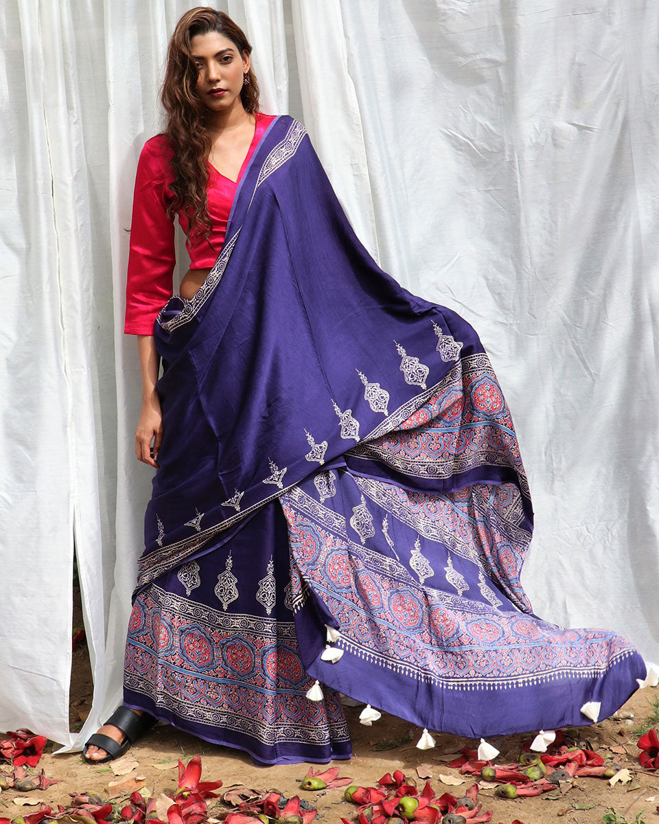 Blue Modal Silk Blockprinted Saree - Kite