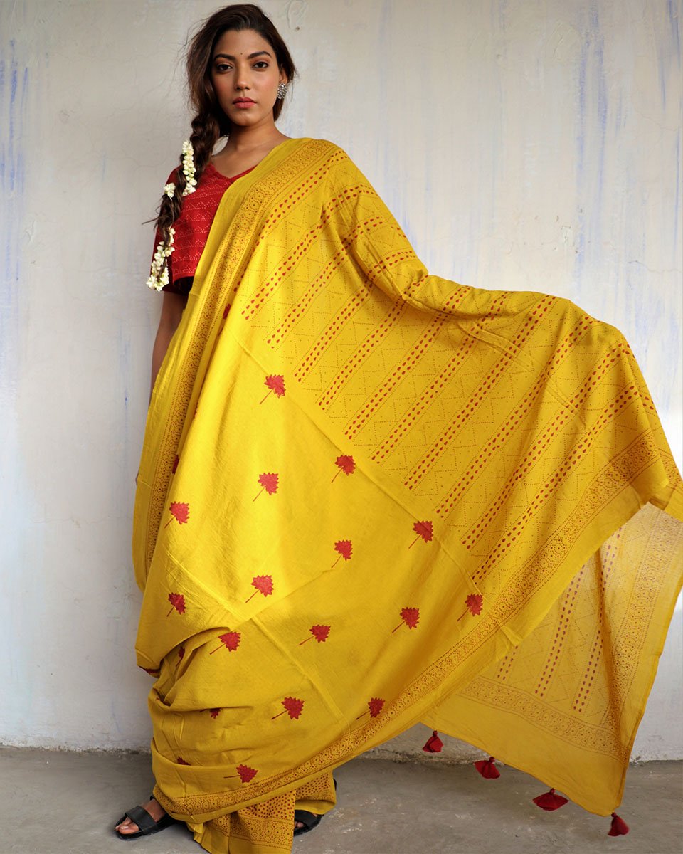 Yellow Blockprinted Cotton Mul Saree - God