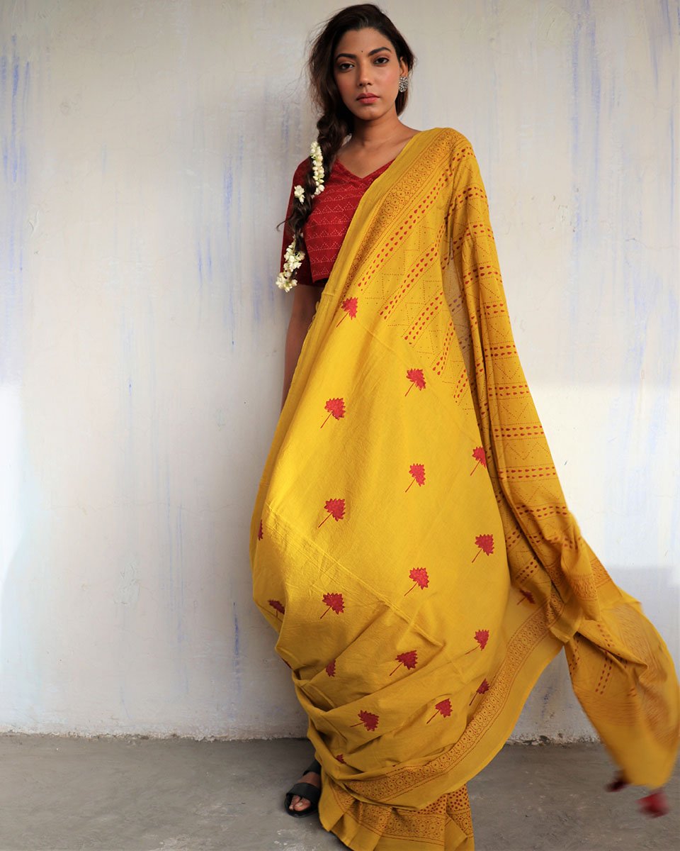 Yellow Blockprinted Cotton Mul Saree - God