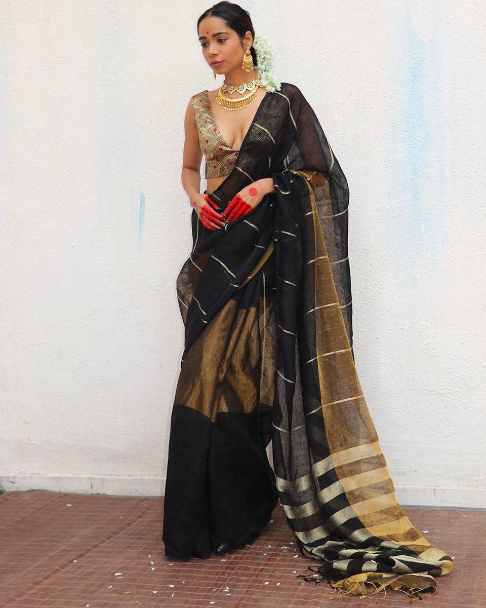 Mrinmoyee Handwoven Linen Zari Saree