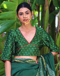 Green Blockprinted Mashru Silk Blouse-Chand Se