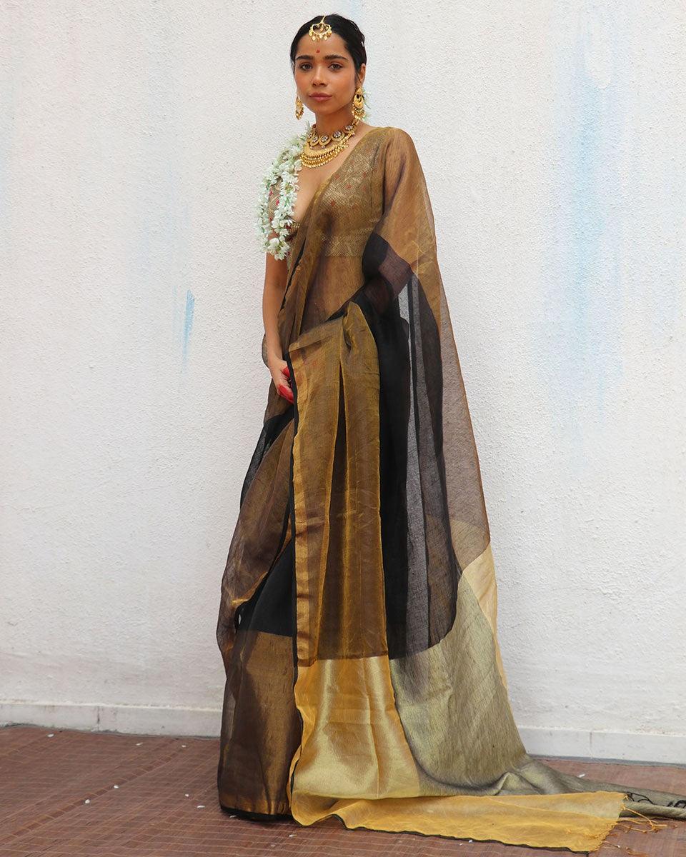 Urvashi Handwoven Linen Zari Saree