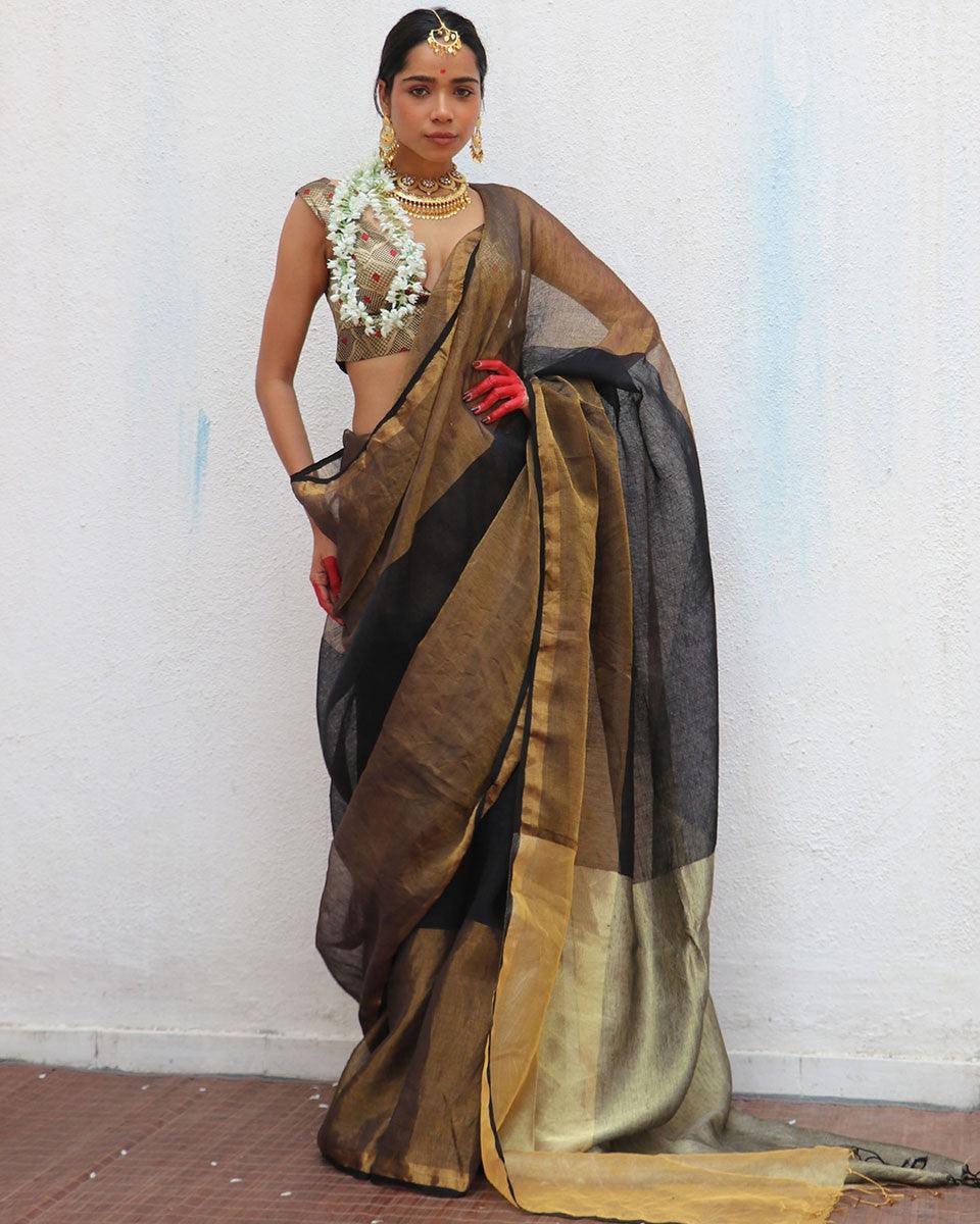 Urvashi Handwoven Linen Zari Saree