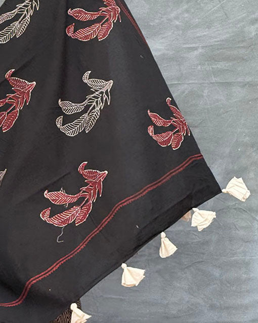 Raindrop Black Block printed Cotton Saree