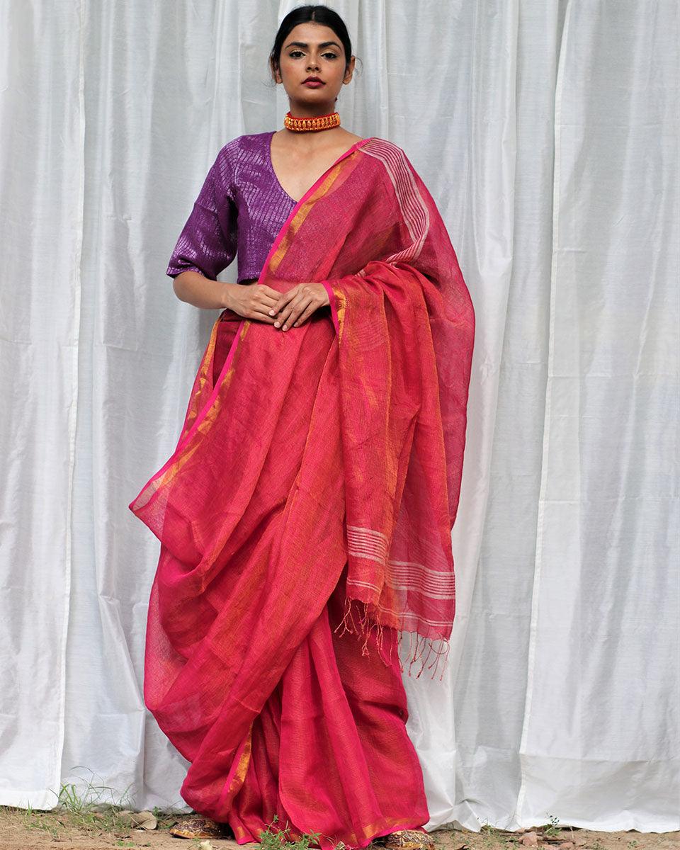 Nalini Handwoven Linen Saree - Bageecha