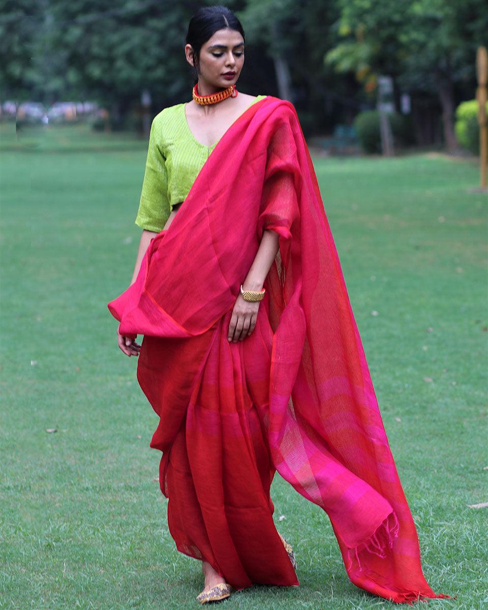 Gulnar Handwoven Linen Saree - Bageechaa