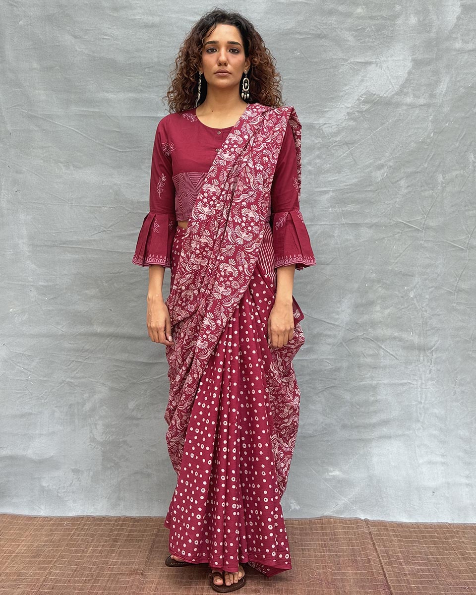Moonlight Maroon Block printed Cotton Saree - Soil