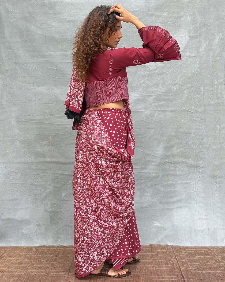 Moonlight Maroon Block printed Cotton Saree - Soil