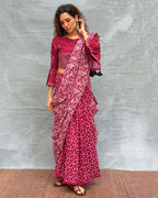 Moonlight Maroon Block printed Cotton Saree - Soil