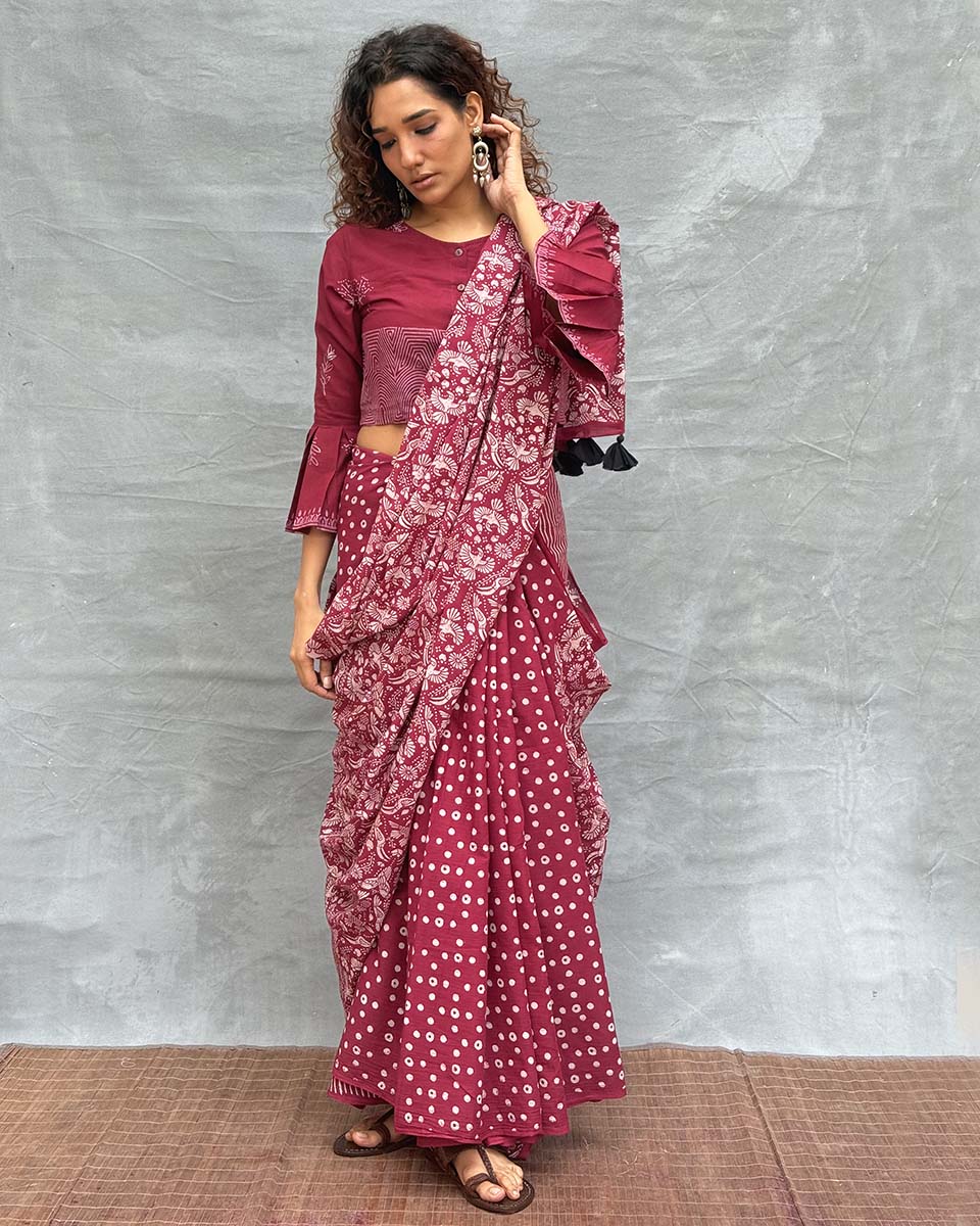 Moonlight Maroon Block printed Cotton Saree - Soil