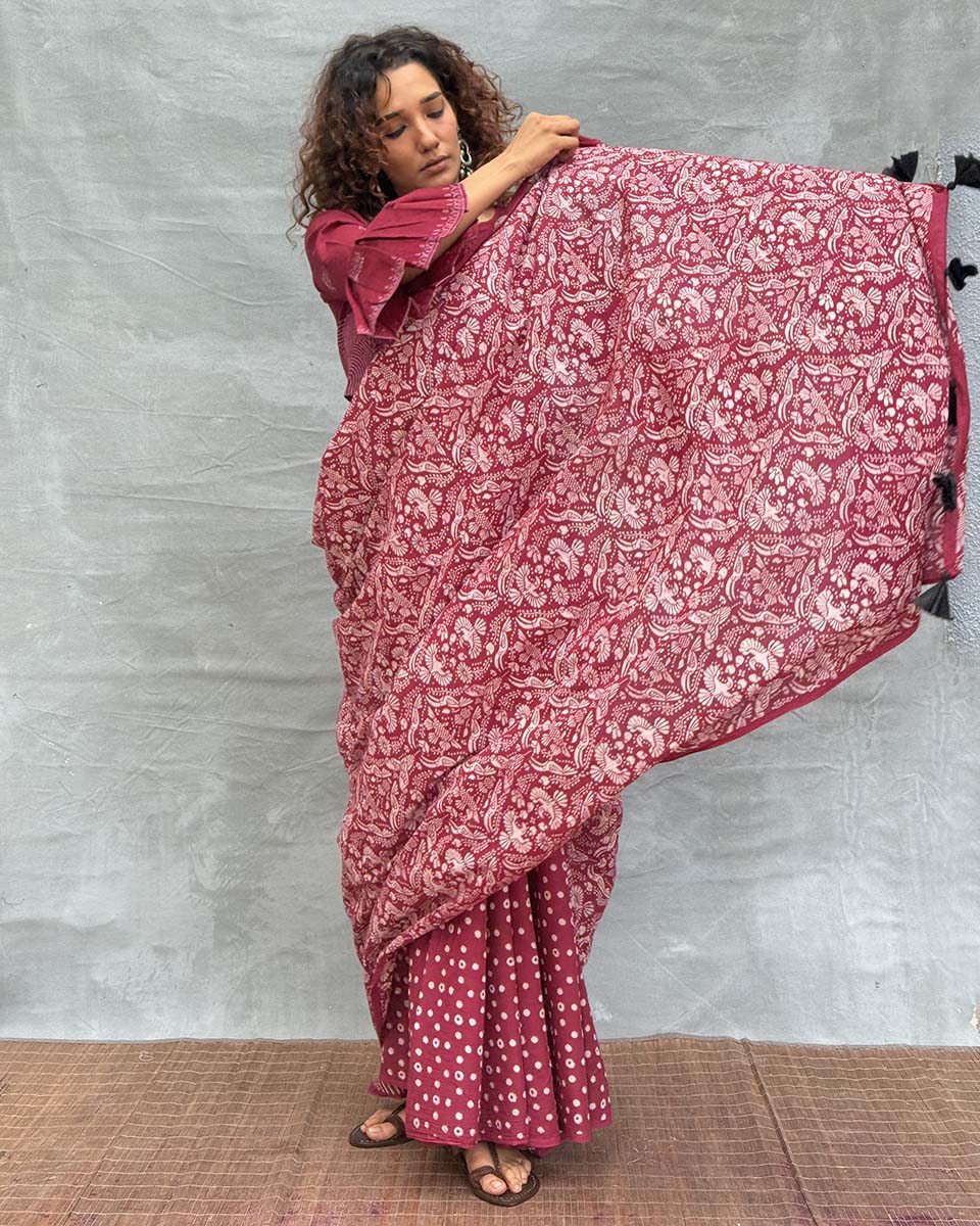 Moonlight Maroon Block printed Cotton Saree - Soil