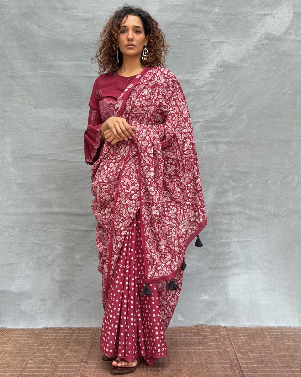 Moonlight Maroon Block printed Cotton Saree - Soil