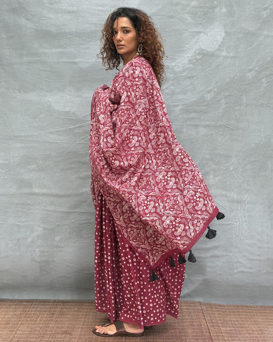 Moonlight Maroon Block printed Cotton Saree - Soil