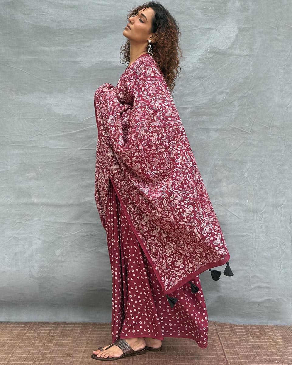 Moonlight Maroon Block printed Cotton Saree - Soil