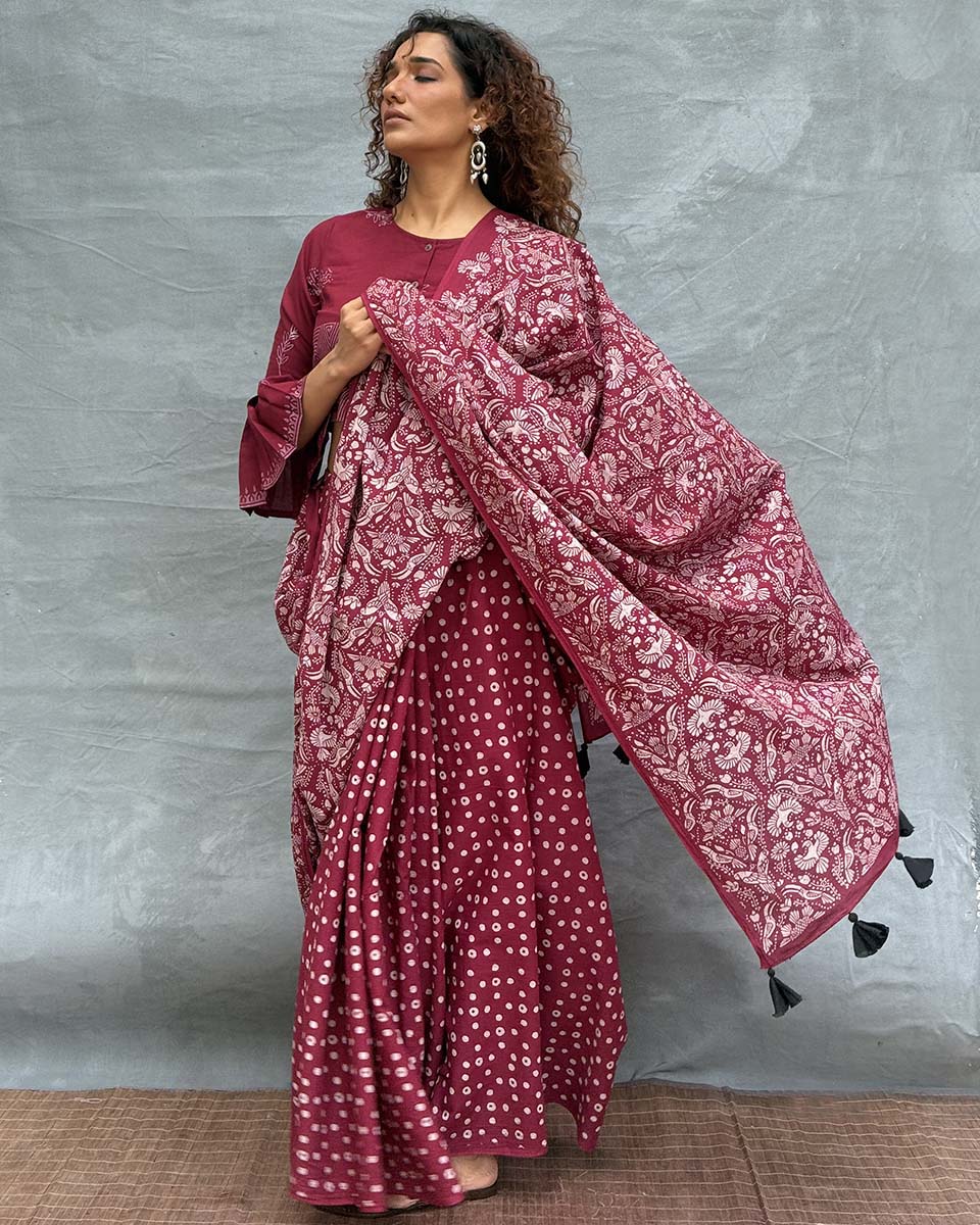 Moonlight Maroon Block printed Cotton Saree - Soil
