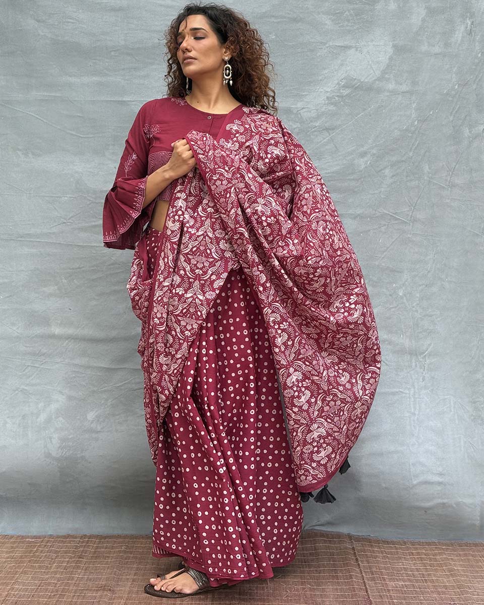 Moonlight Maroon Block printed Cotton Saree - Soil