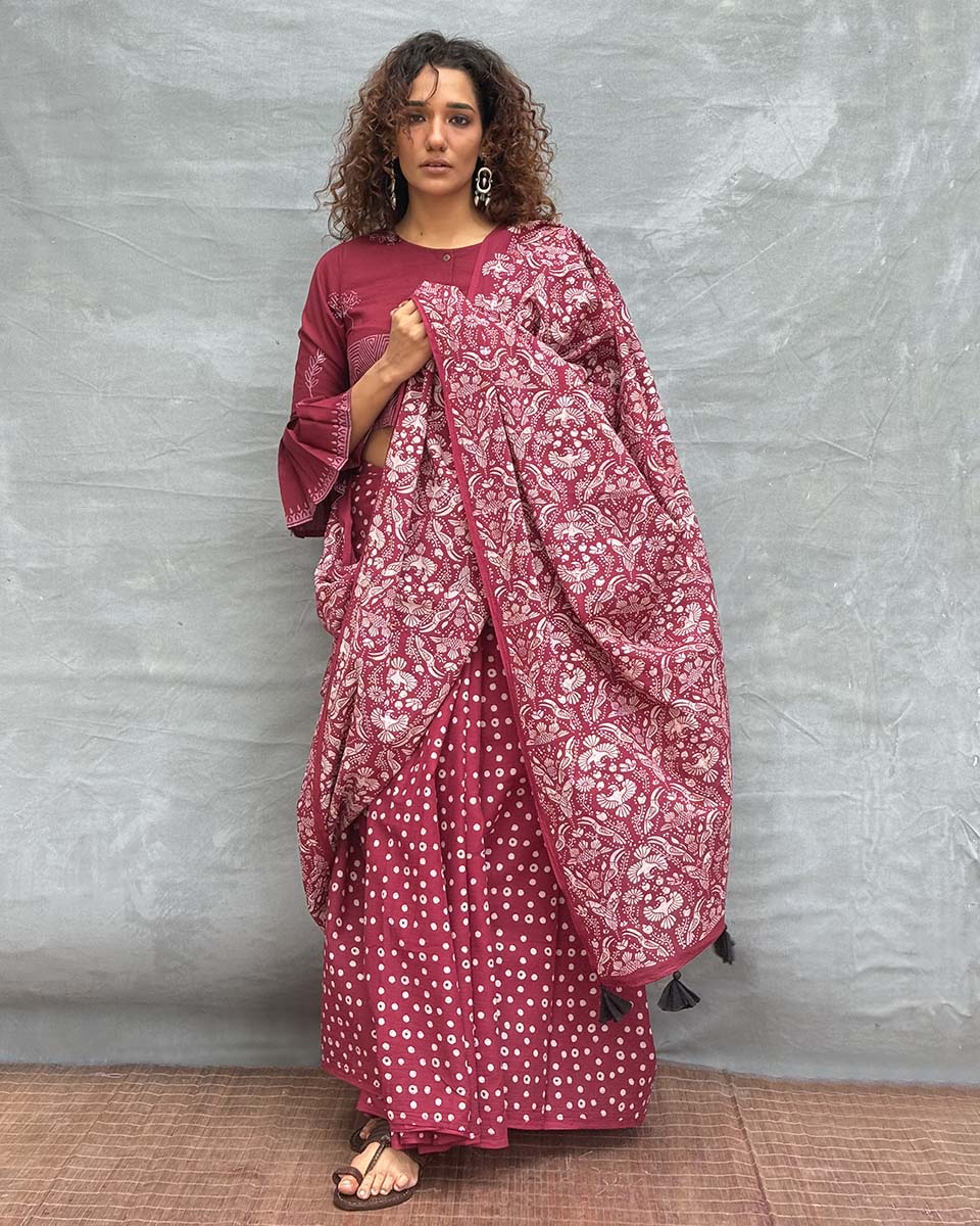Moonlight Maroon Block printed Cotton Saree - Soil