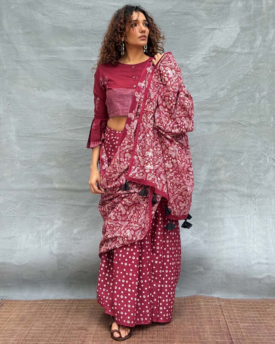 Moonlight Maroon Block printed Cotton Saree - Soil