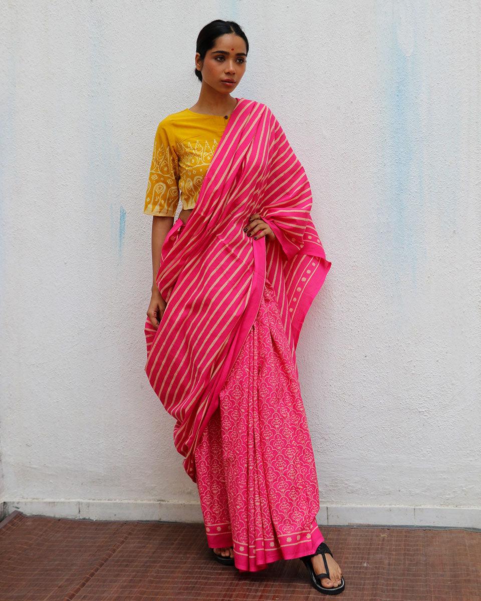 Firelight Pink Handprinted Cotton Sarees