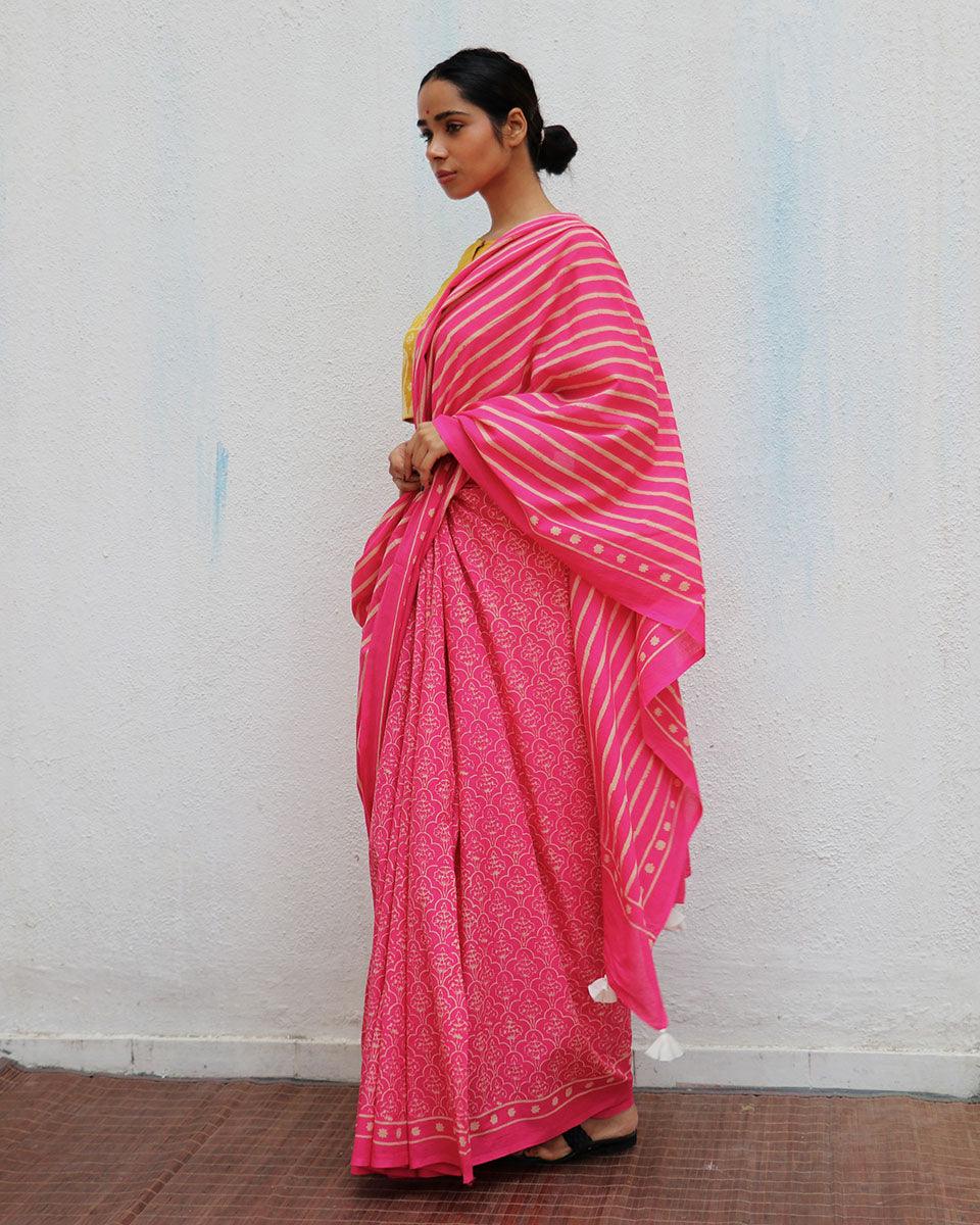 Firelight Pink Handprinted Cotton Sarees