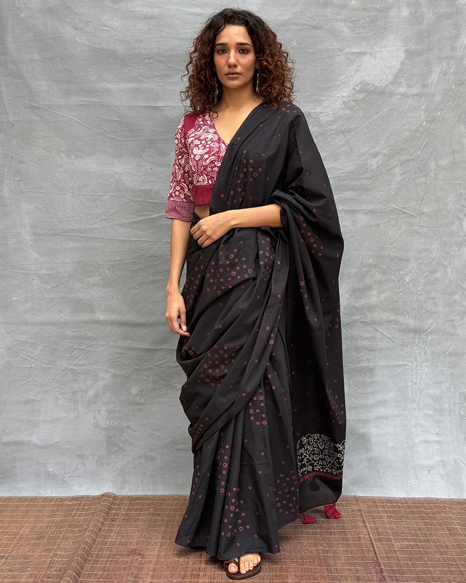 Song of Soil Black Block printed Cotton Saree