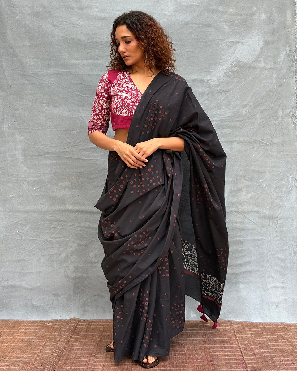 Song of Soil Black Block printed Cotton Saree