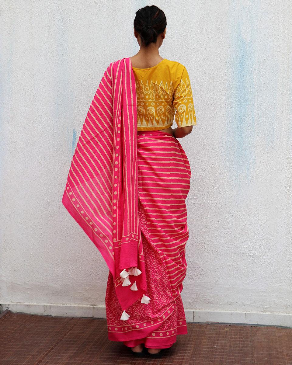 Firelight Pink Handprinted Cotton Sarees