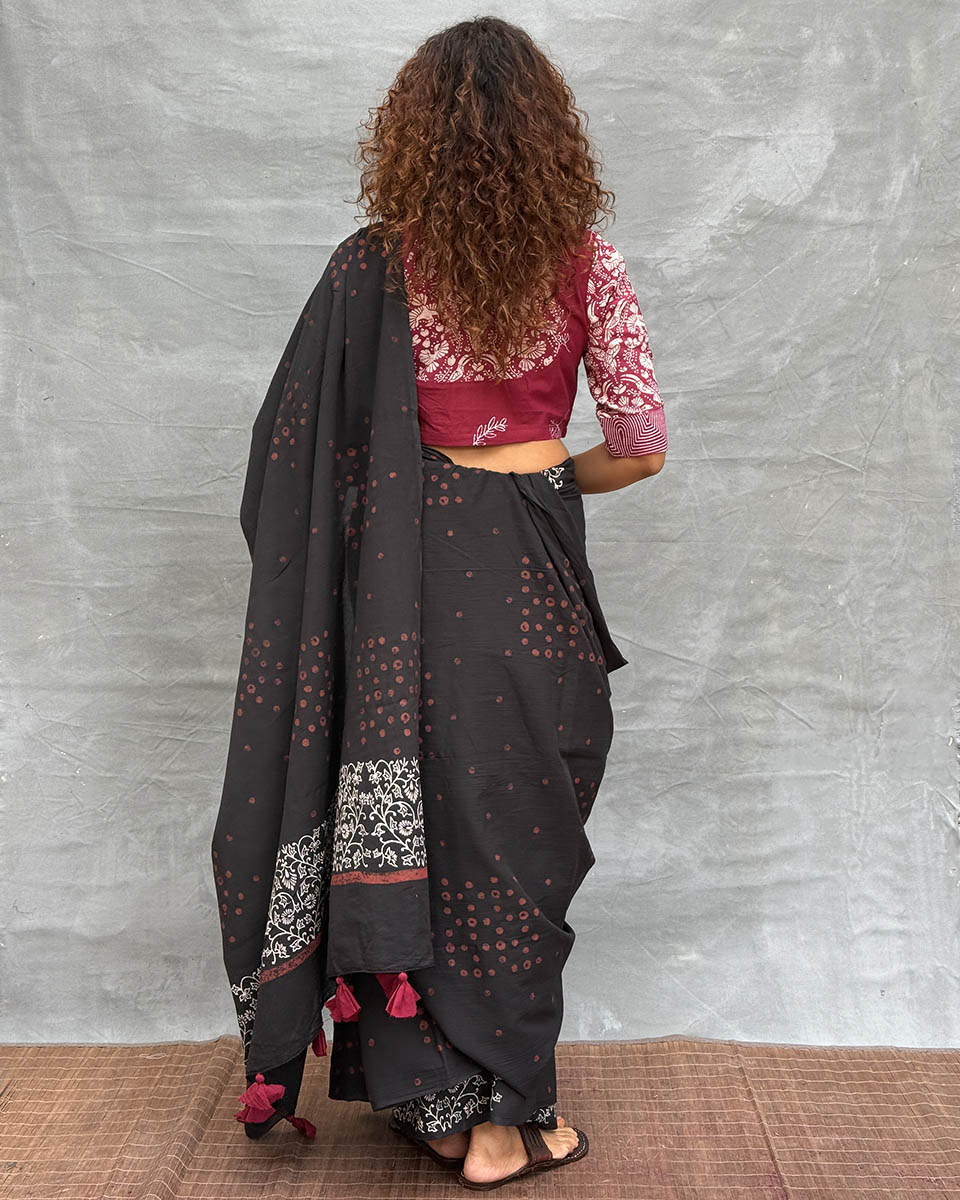 Song of Soil Black Block printed Cotton Saree