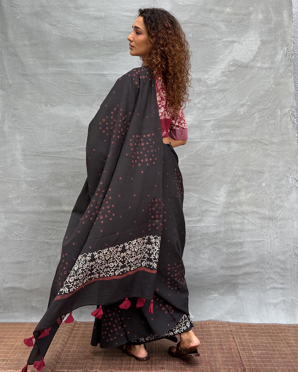 Song of Soil Black Block printed Cotton Saree