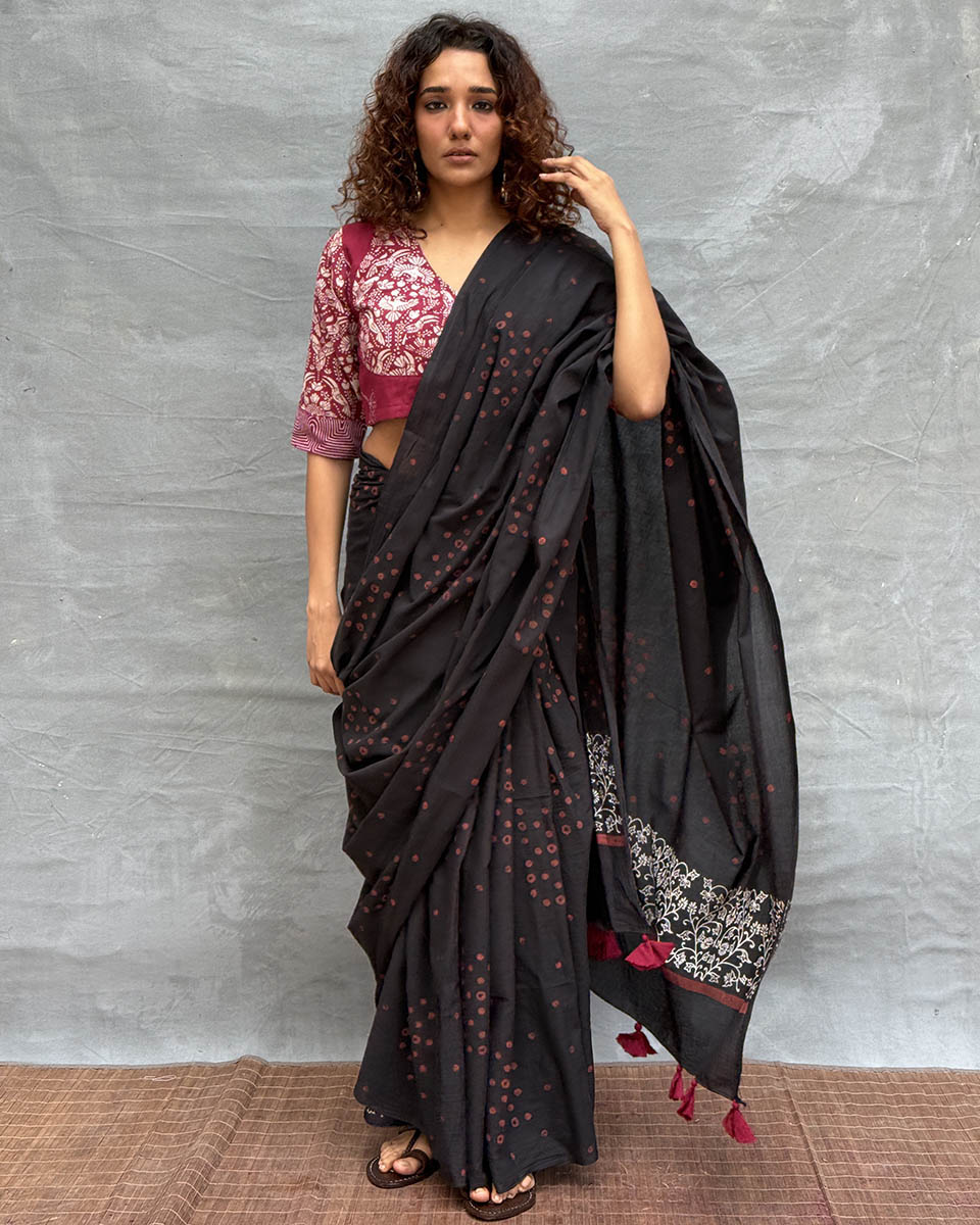 Song of Soil Black Block printed Cotton Saree