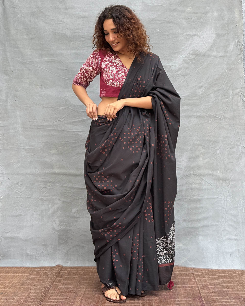 Song of Soil Black Block printed Cotton Saree