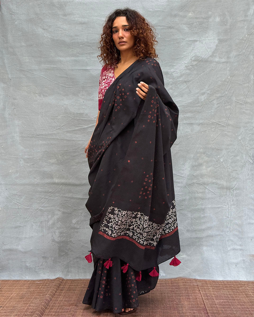 Song of Soil Black Block printed Cotton Saree