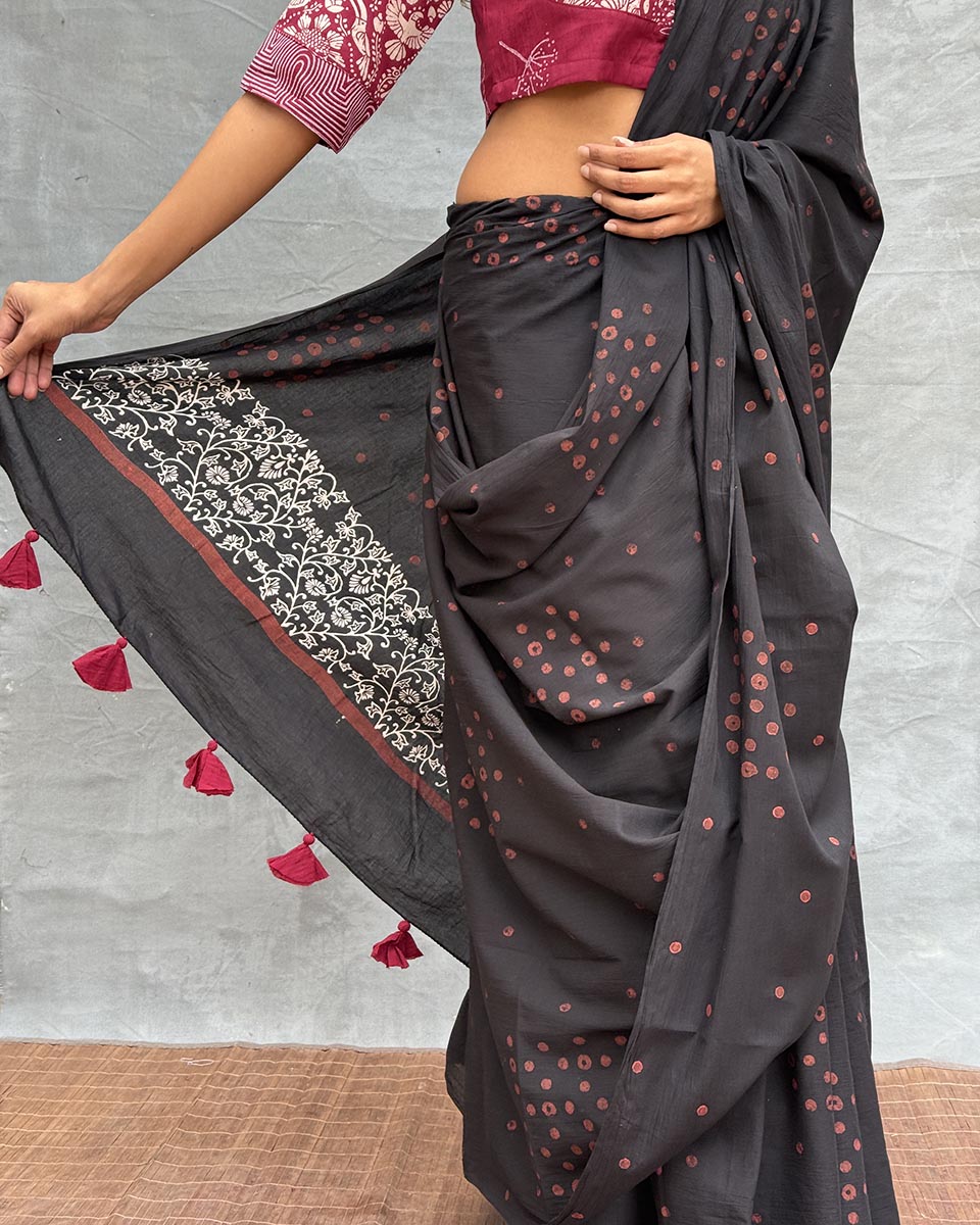 Song of Soil Black Block printed Cotton Saree