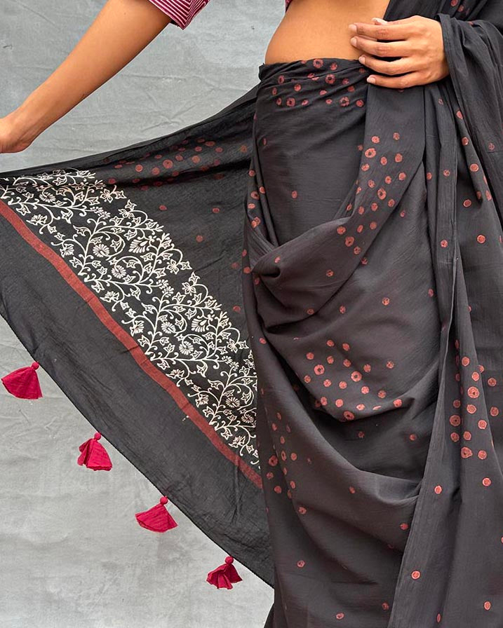 Song of Soil Black Block printed Cotton Saree