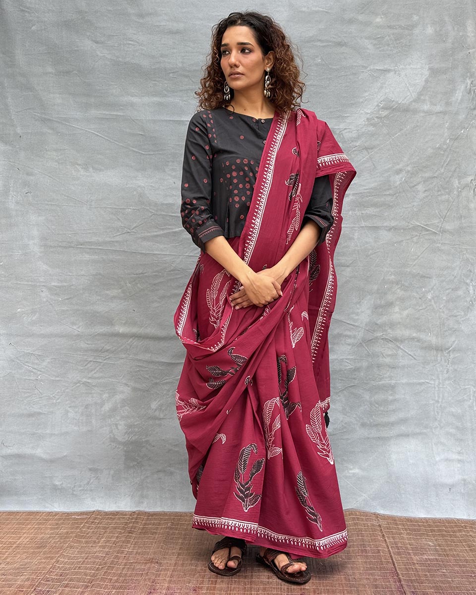 Breeze Maroon Block printed Cotton Saree