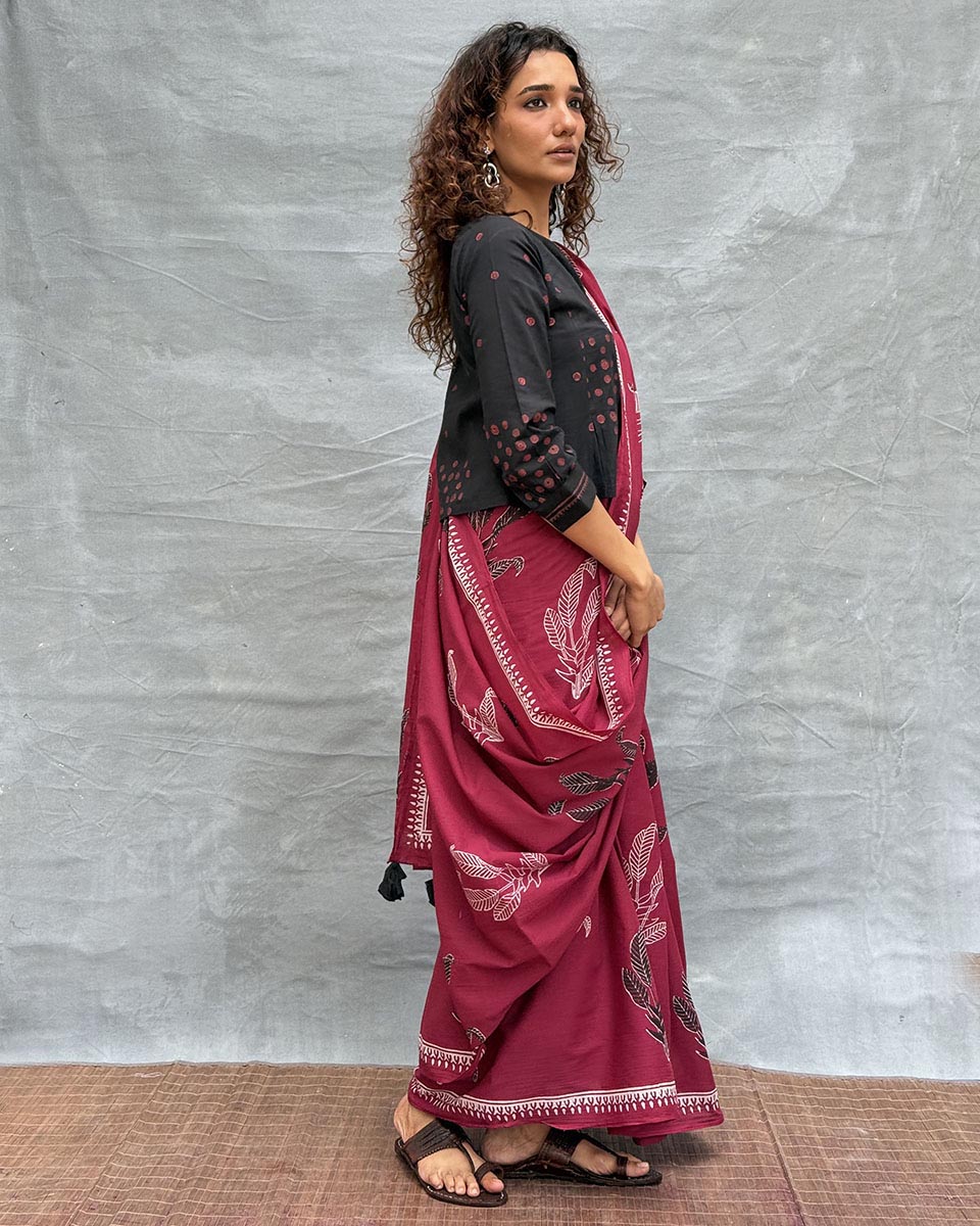 Breeze Maroon Block printed Cotton Saree
