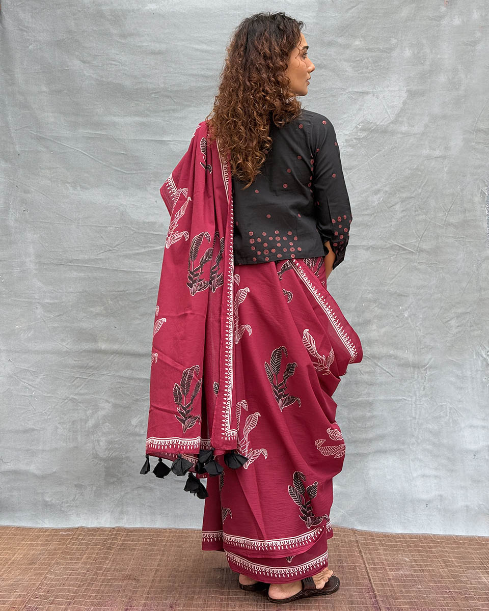 Breeze Maroon Block printed Cotton Saree