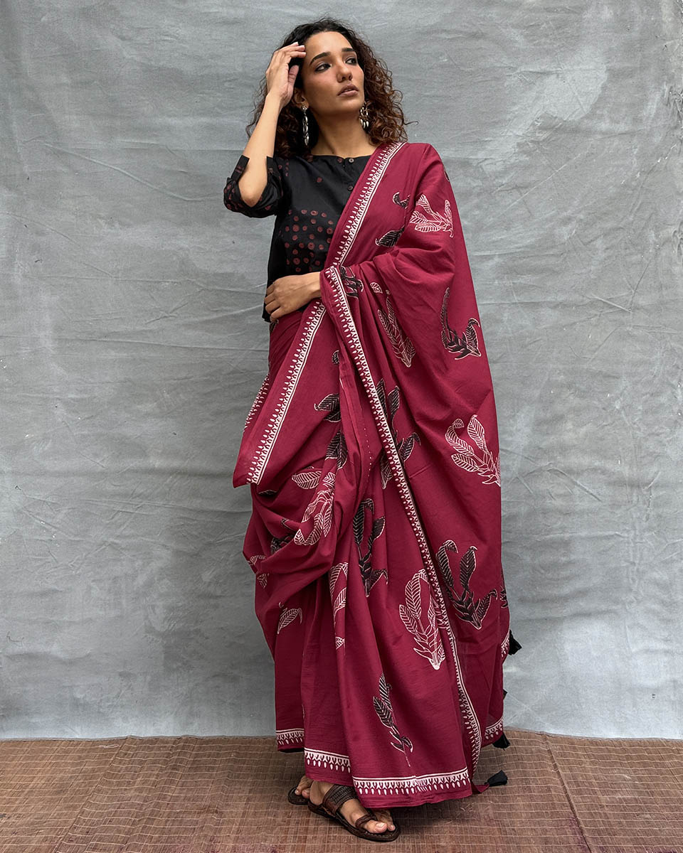 Breeze Maroon Block printed Cotton Saree