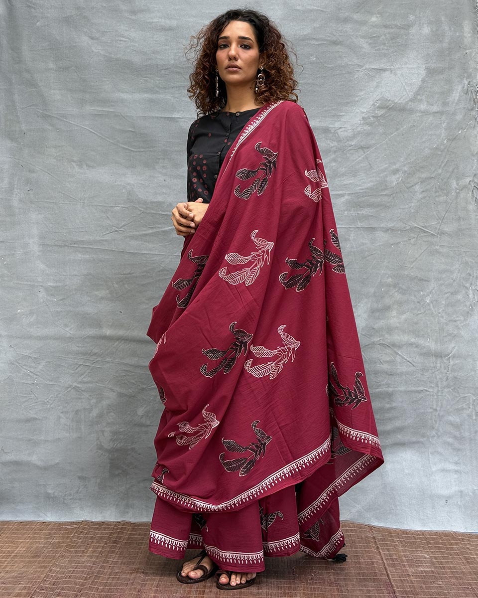 Breeze Maroon Block printed Cotton Saree