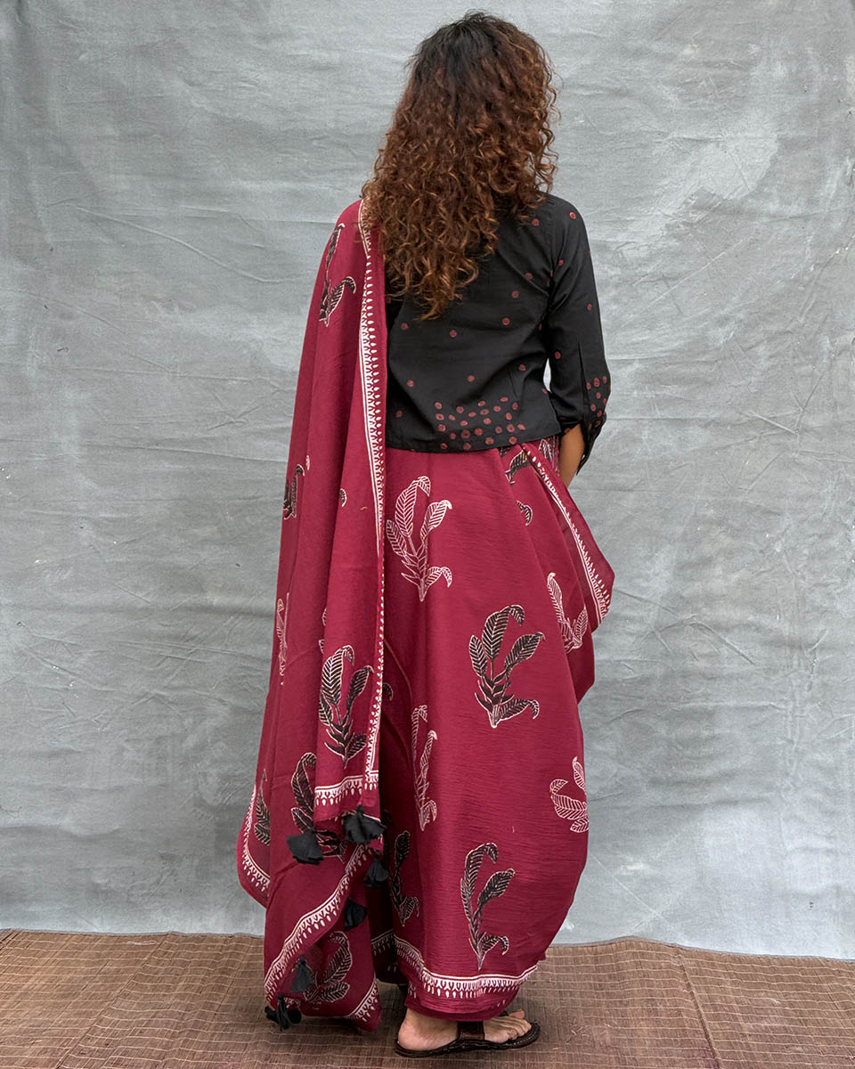 Breeze Maroon Block printed Cotton Saree