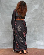 Raindrop Black Block printed Cotton Saree