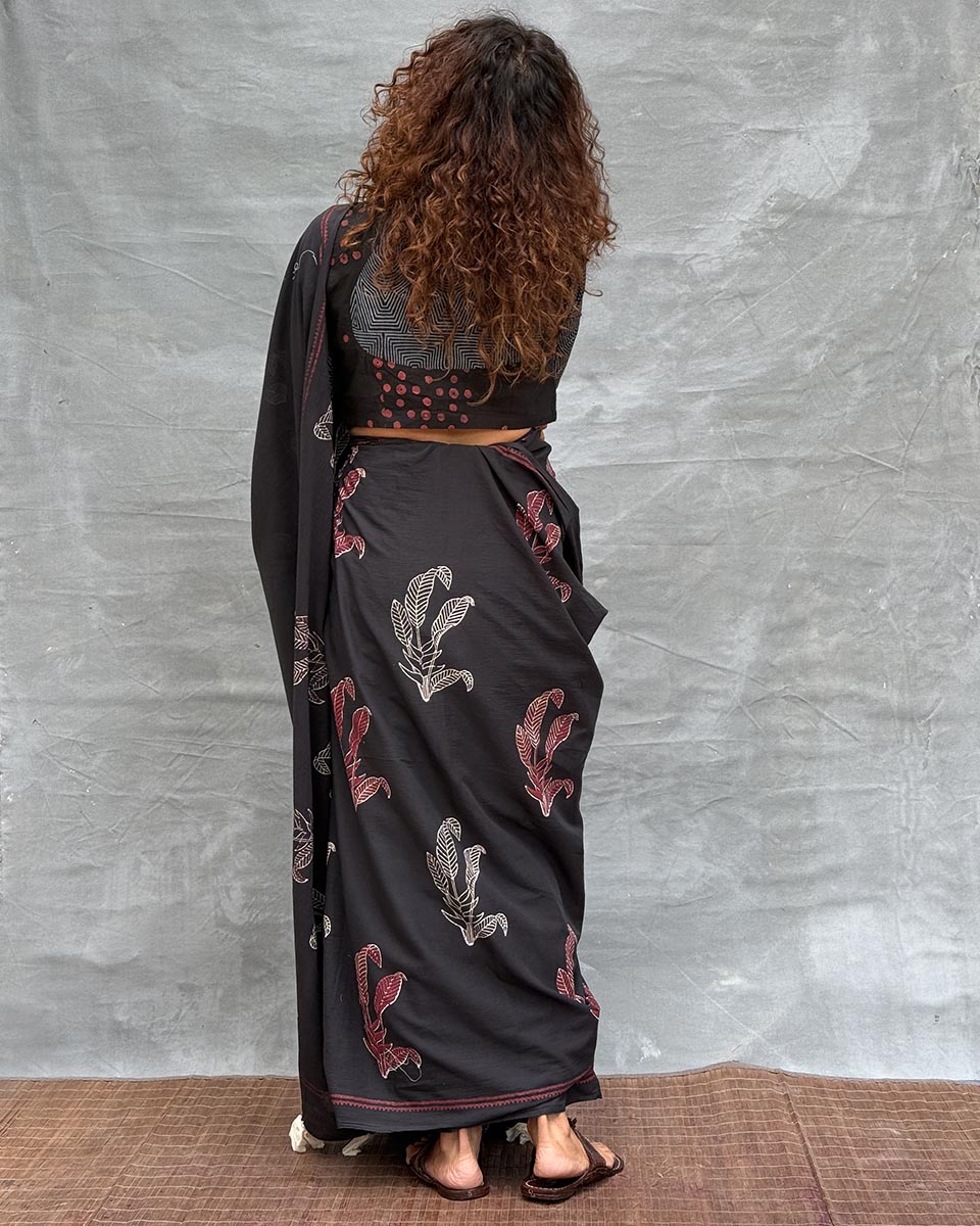 Raindrop Black Block printed Cotton Saree