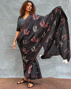 Raindrop Black Block printed Cotton Saree