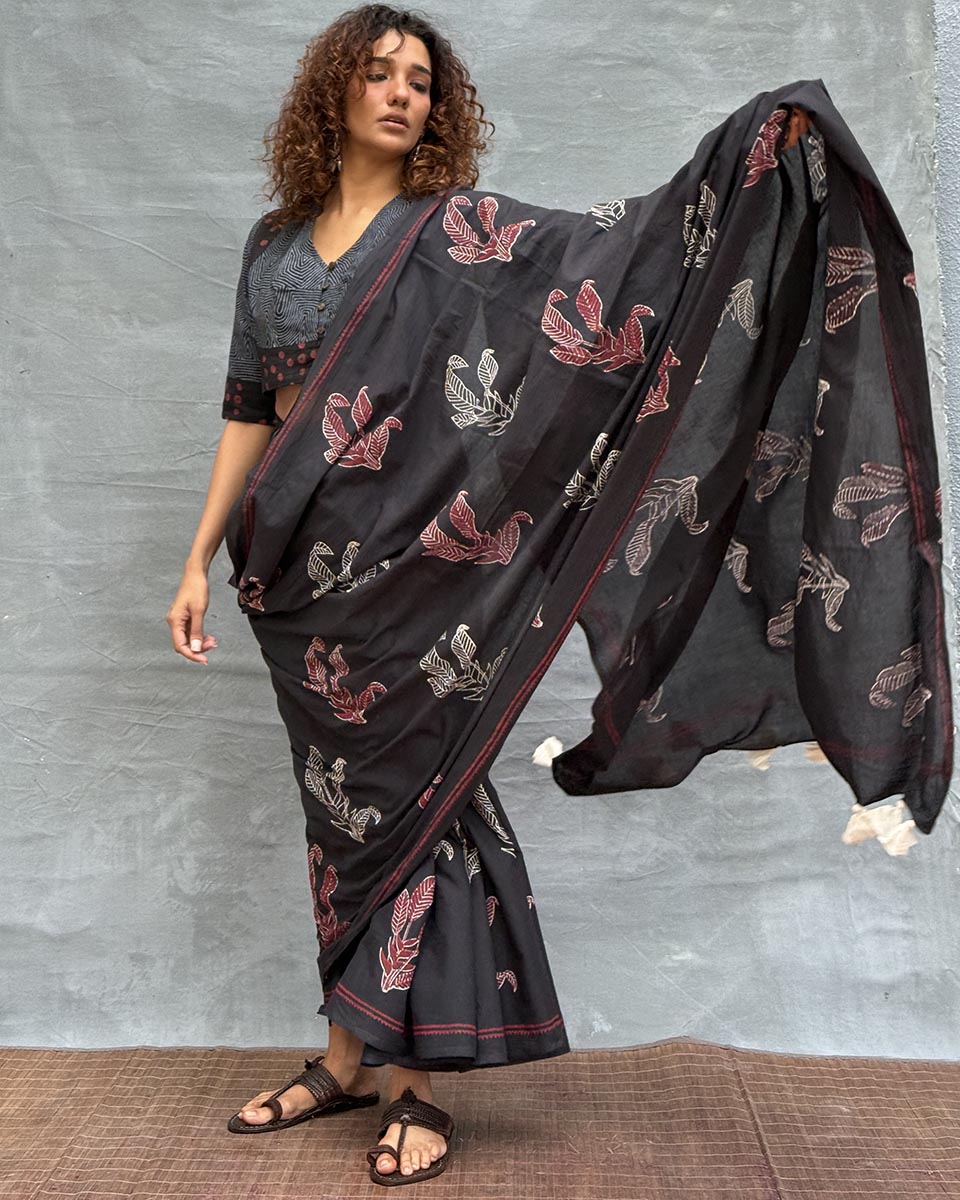 Raindrop Black Block printed Cotton Saree
