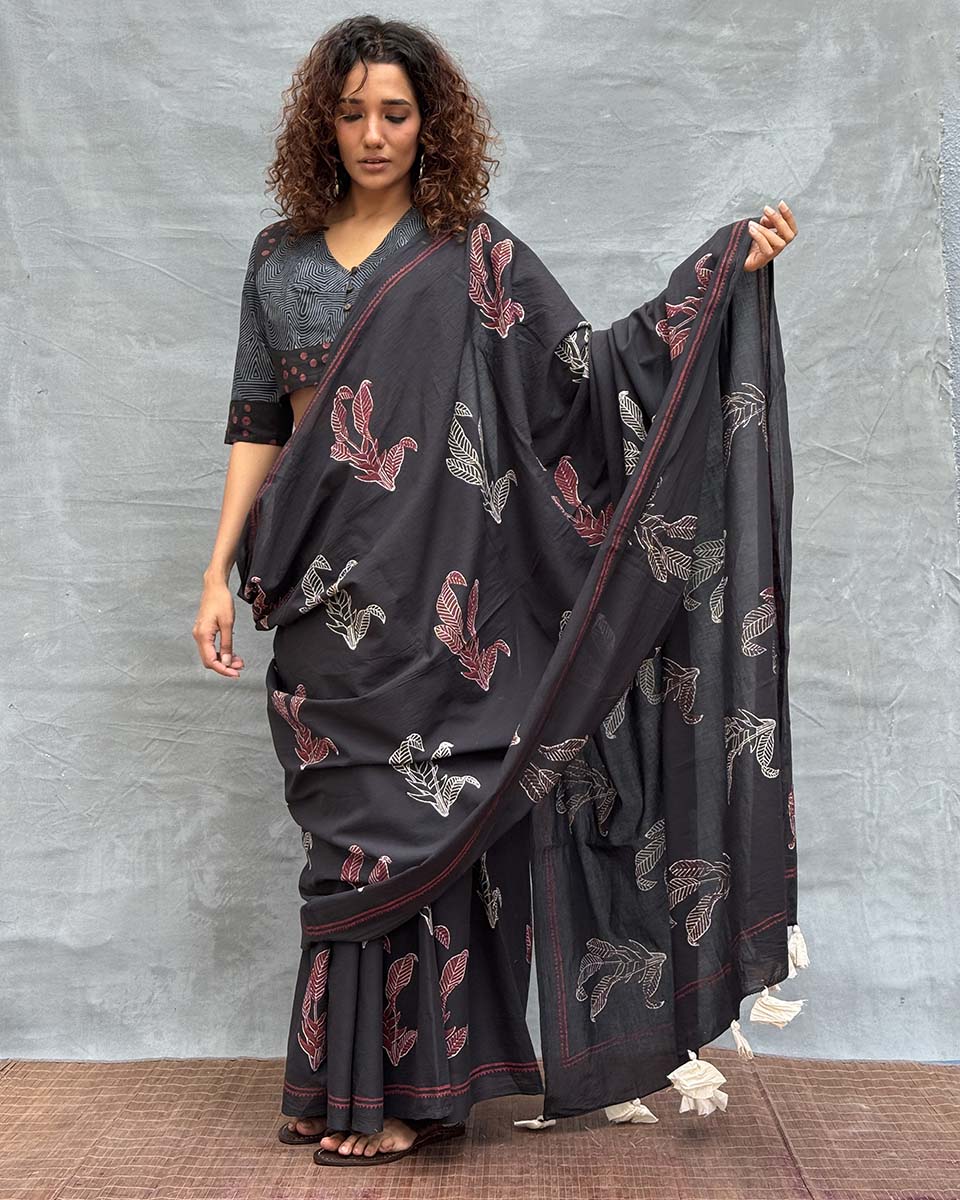 Raindrop Black Block printed Cotton Saree