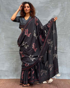 Raindrop Black Block printed Cotton Saree