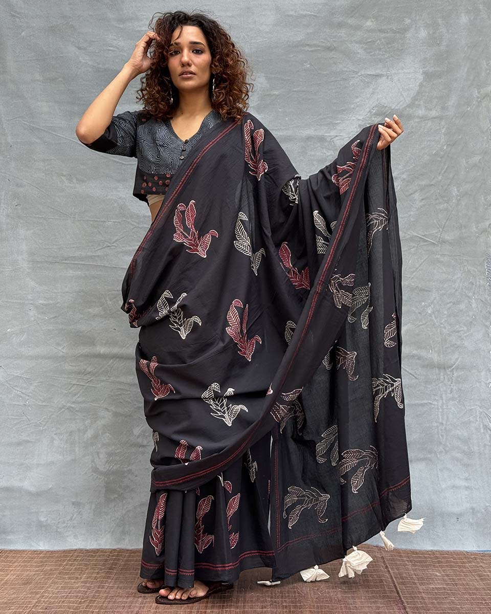 Raindrop Black Block printed Cotton Saree