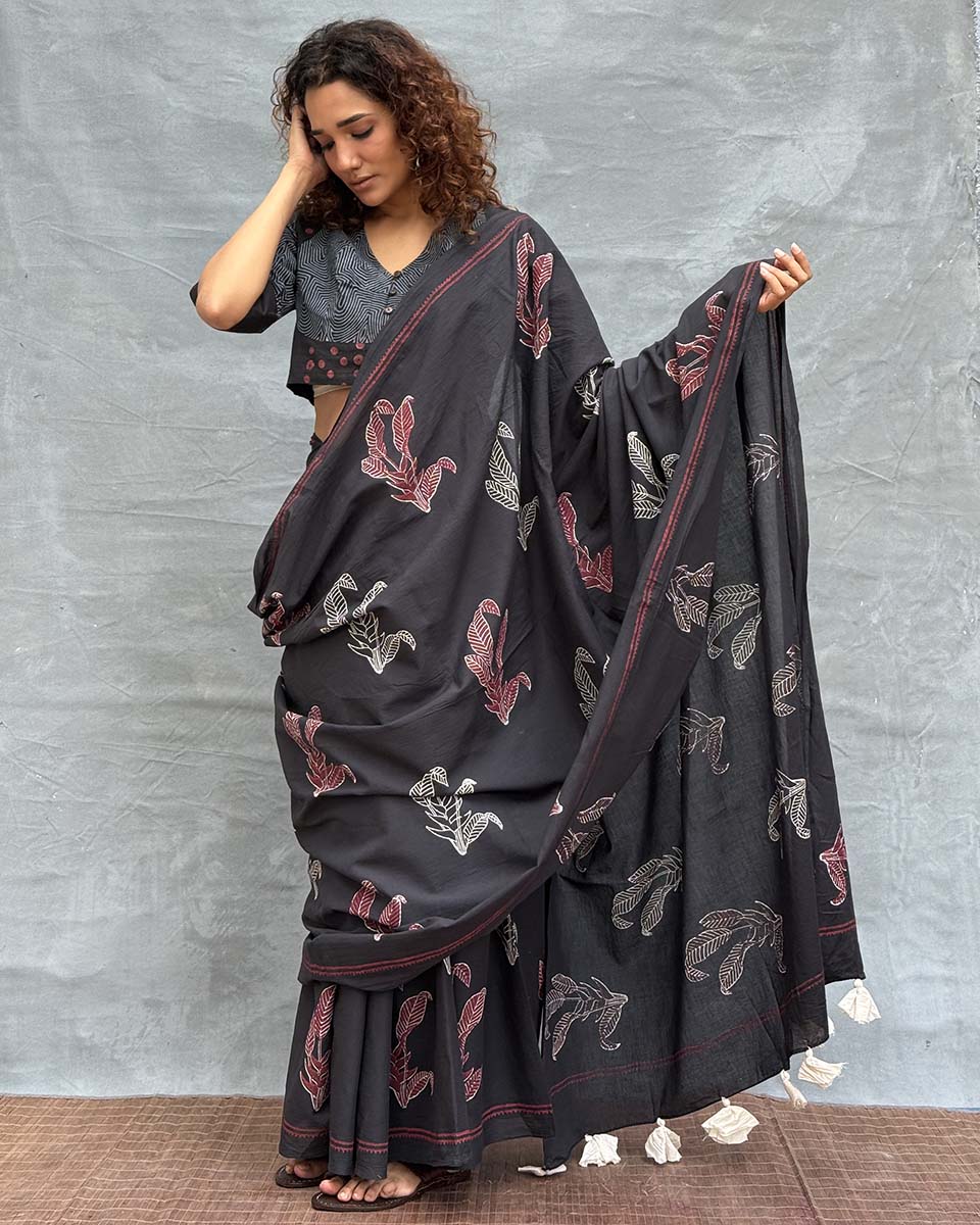 Raindrop Black Block printed Cotton Saree