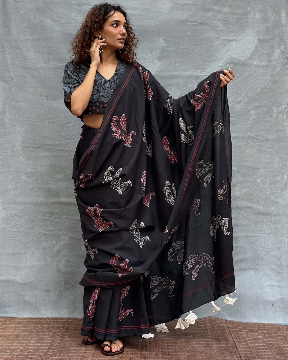 Raindrop Black Block printed Cotton Saree