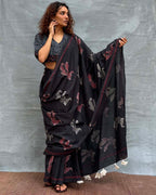 Raindrop Black Block printed Cotton Saree